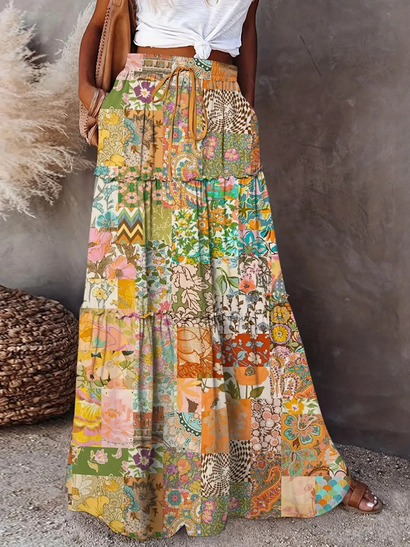 Women's Printed Casual Bohemian Boho Long Dress Skirt, Ladies' Fashionable Half-Sleeve Maxi Gown, Perfect for Spring Daily Wear & Special Occasions, Loose Casual High Waist Skirt, Floral Printed Skirt
