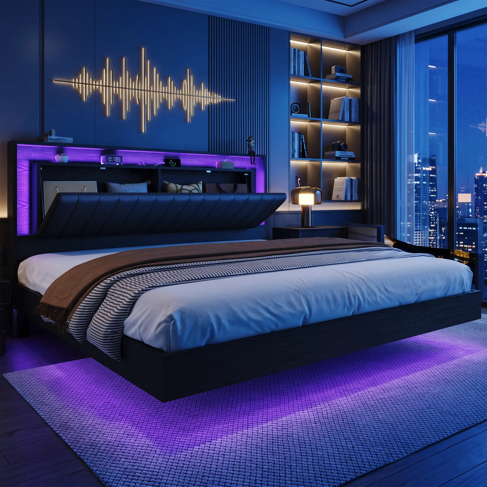 Belffin King Size Floating Bed Frame - LED RGB Mood Lighting, Soft Faux Leather Upholstered Headboard, Wood Slats Support, No Box Spring Needed, Noise-Free Glam Modern Bedroom Furniture, Requires Assembly [tiktokshopbacktoschool][SohoChic]