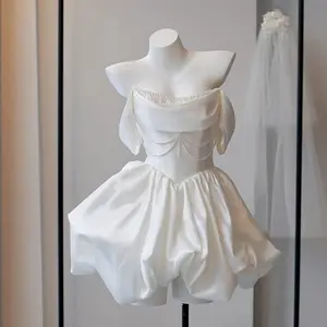 Satin Off-Shoulder Light Wedding Dress Short Engagement Dress Birthday Party Banquet White Mini Dress Womenswear Basic Chic Elegant Minimalist Sleeveless Formal Workwear Evening