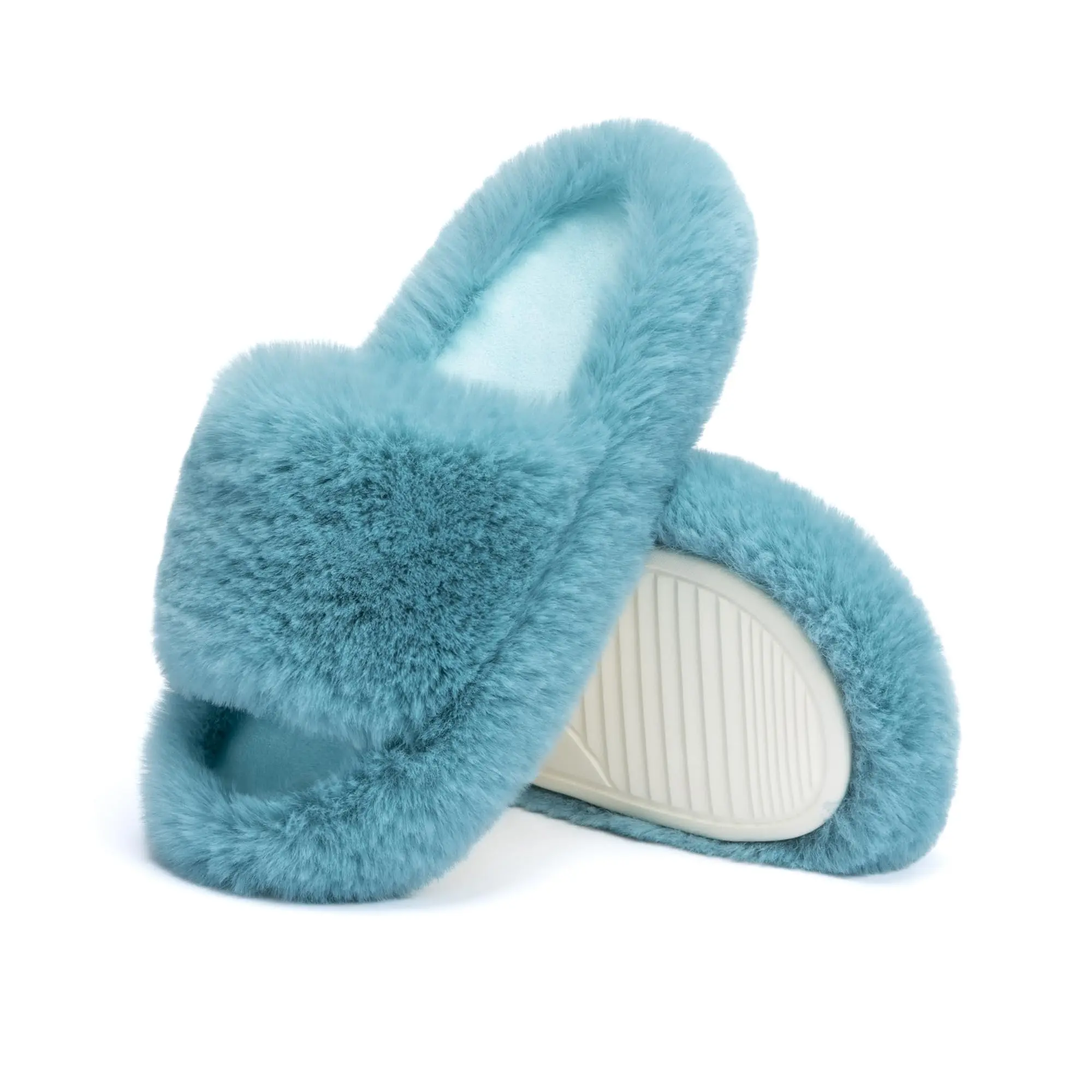 Chantomoo Fluffy Furry Slippers for Women Memory Foam Open Toe House Shoes Size 12 Blue Cozy Gift