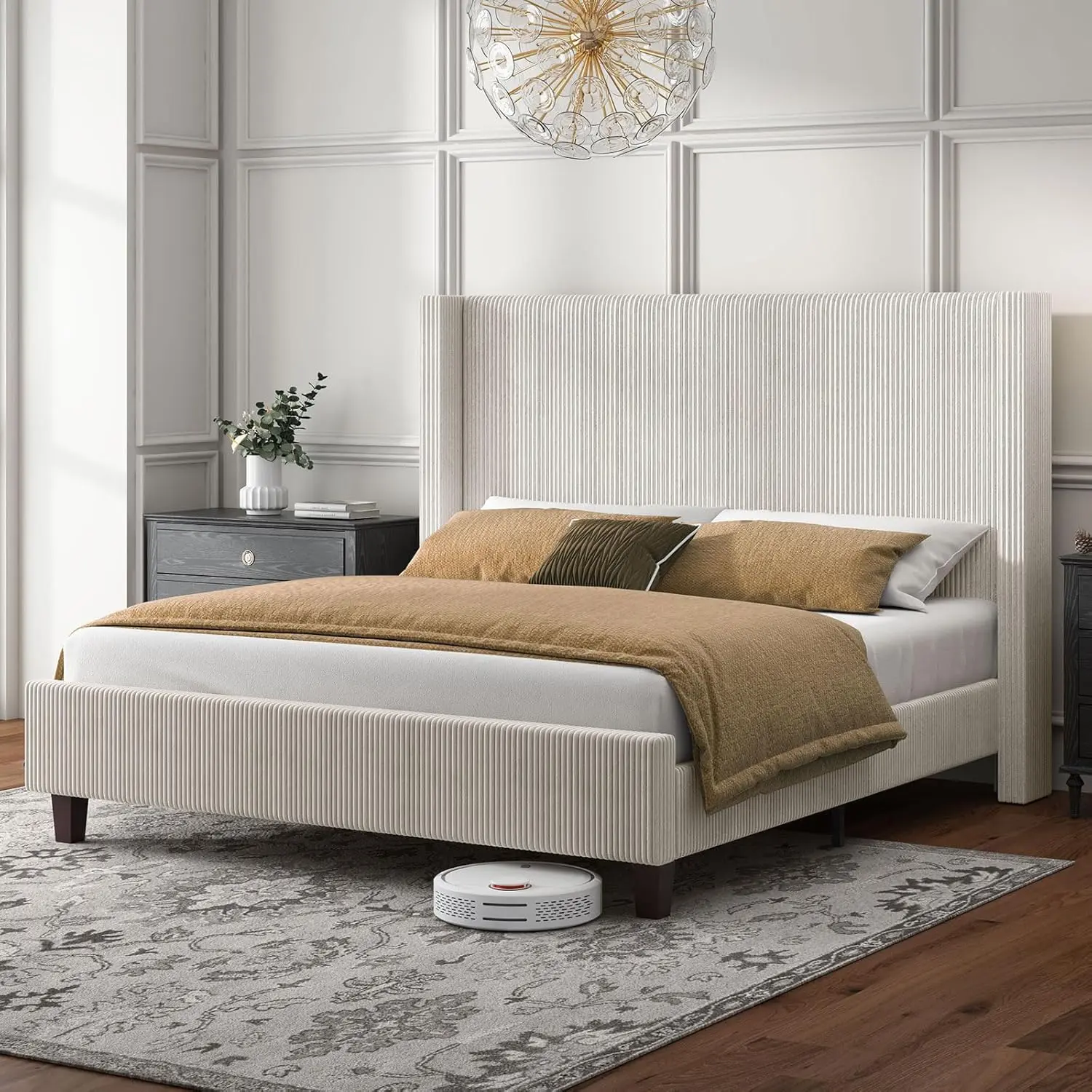 [Summerwins]【Bed Frame Only】VanAcc Upholstered Platform Bed Frame, Wingback Bed with 50.8" Headboard, Modern Corduroy Design, Solid Wood Leg/No Box Spring Needed, Unique Bedroom Furniture
