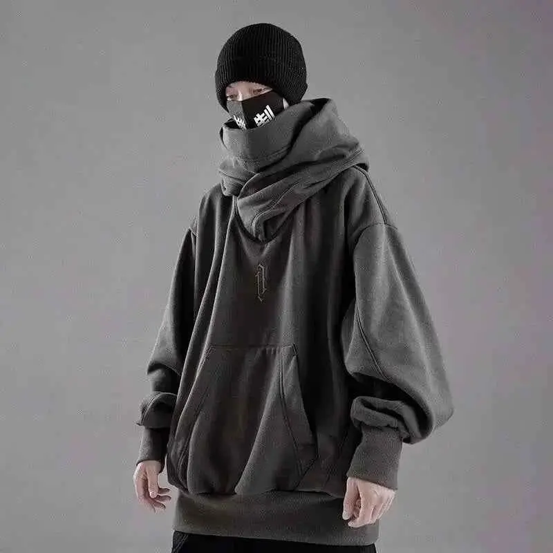 Embroidery Turtleneck Sweatshirt For Men Japanese Ninja Hoodies Autumn Hip Hop Fleece Pocket Streetwear Oversized Y2K Hoody Casual Clothes