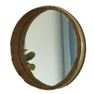 Vintiquewise Durable Vintage Decorative Large Wine Barrel-Shaped Wall Mirror (QI003977) - 24x3.5 in. Round Rustic Wood & Galvanized Metal Frame, Brown Home Room Decor