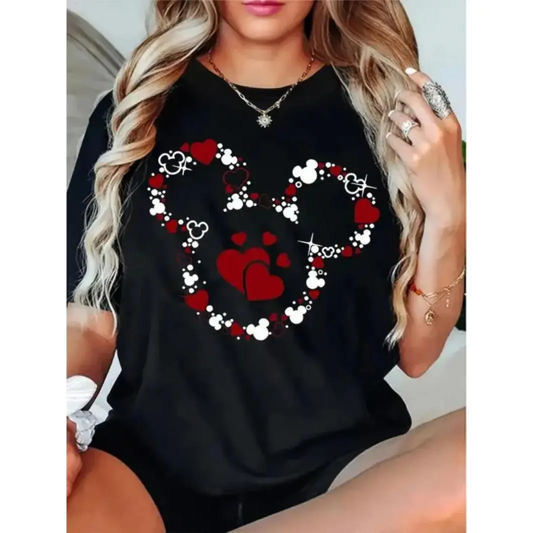 Women's Black Cotton Graphic Print Crewneck Short-Sleeve T-Shirt - Heart, Mickey Mouse-Inspired Design, Ribbed Round Neck, Breathable Fabric - Beach Casual Wear, Perfect Gift for Stylish Comfort (Womenswear Bottoms Compatible)