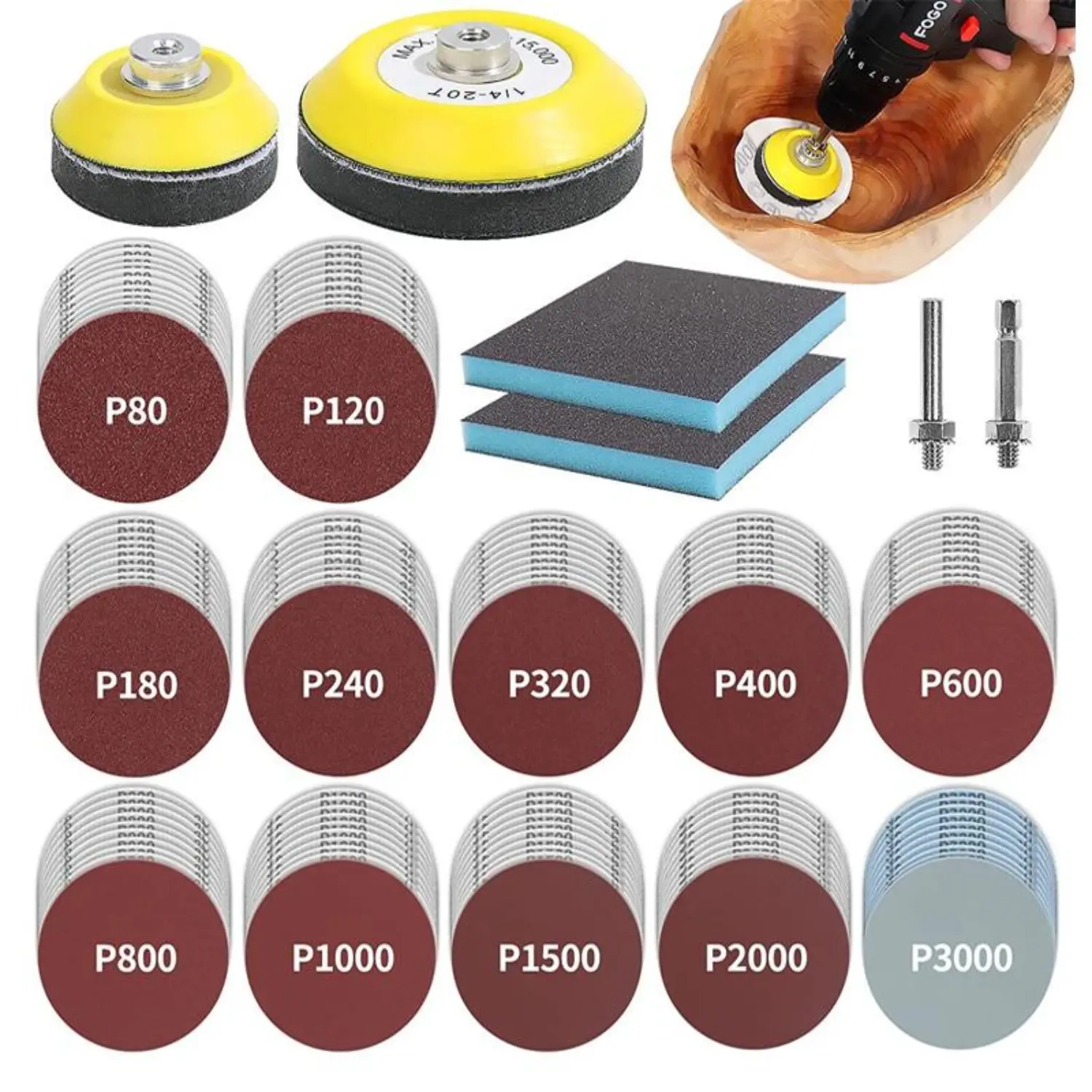 120Pcs 3inch Sanding Discs with 2/3inch Backer Pads and Sanding Sponge Sander for Drill Grinder Rotary Tools Attachment with 1/4" Shanks,SandingPads 80-3000 Grit