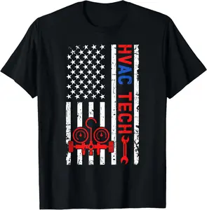 Unisex，HVAC US Flag HVAC Technician HVAC Tech HVAC Technicians T-Shirt Casual Man Menswear Soft Top Birthday