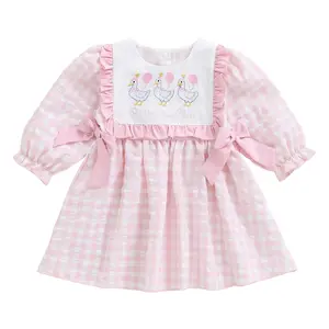 Toddler Kids Birthday Girl Silly Goose Gingham Dress Long Sleeve Plaid Bow Ruffled Trim A Line Country Farm Party Dresses