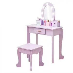 YJ-Garvee Wooden Vanity Set with Illuminated Mirror, Makeup Playset, Table and Chair/Stool Combo in Purple, Pink, and White - Suitable for Ages 4-9, Batteries Not Included