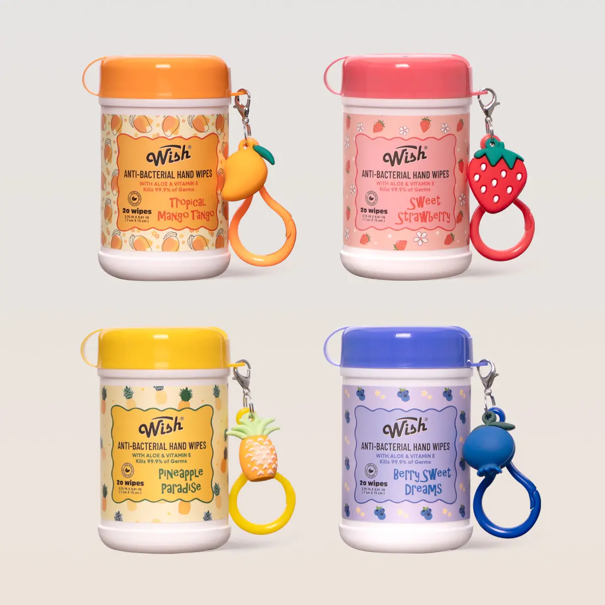 Wish Anti-Bacterial Hand Wipes with Fruit Charms | 4-Scent Variety Pack | Travel Wet Wipes Travel Size Kids Sanitizing Wipes - Fruity Fresh 4-Pack ( Total 80ct )
