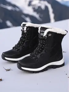 Women's Fashion Black PU Snow Boots | Faux Fur Cuff, Fleece-Lined Warmth, Trendy Quilted Design, Outdoor Non-Slip Thick Sole, Autumn/Winter Must-Have for Cold Resistance, New Arrival, Breathable for Daily Wear, Footwear