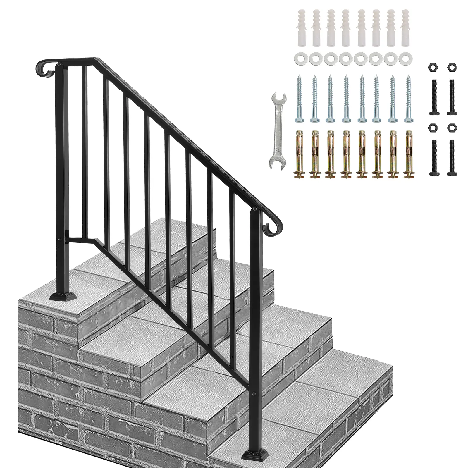 Galvanized Iron Garden Step Handrail - Stylish Rustproof Metal, 3-4 Step Design, Matte Black Powder Coated, Welded Construction, Included Mounting Hardware, Iron Picket, Easy to Clean for Home & Commercial Office Buildings