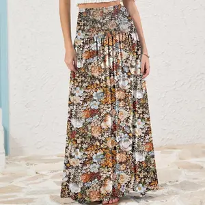 Womens Maxi Skirt High Waist Smocked Boho Flowy Print Casual Beach Long Skirts Summer Loose