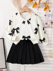 Cute Bow Sweatshirt & Ruffle Skirt Set for Girls Aged 4-8 Years, Perfect for Family Gatherings, Birthdays, Outdoor Activities, Cute Clothing Set