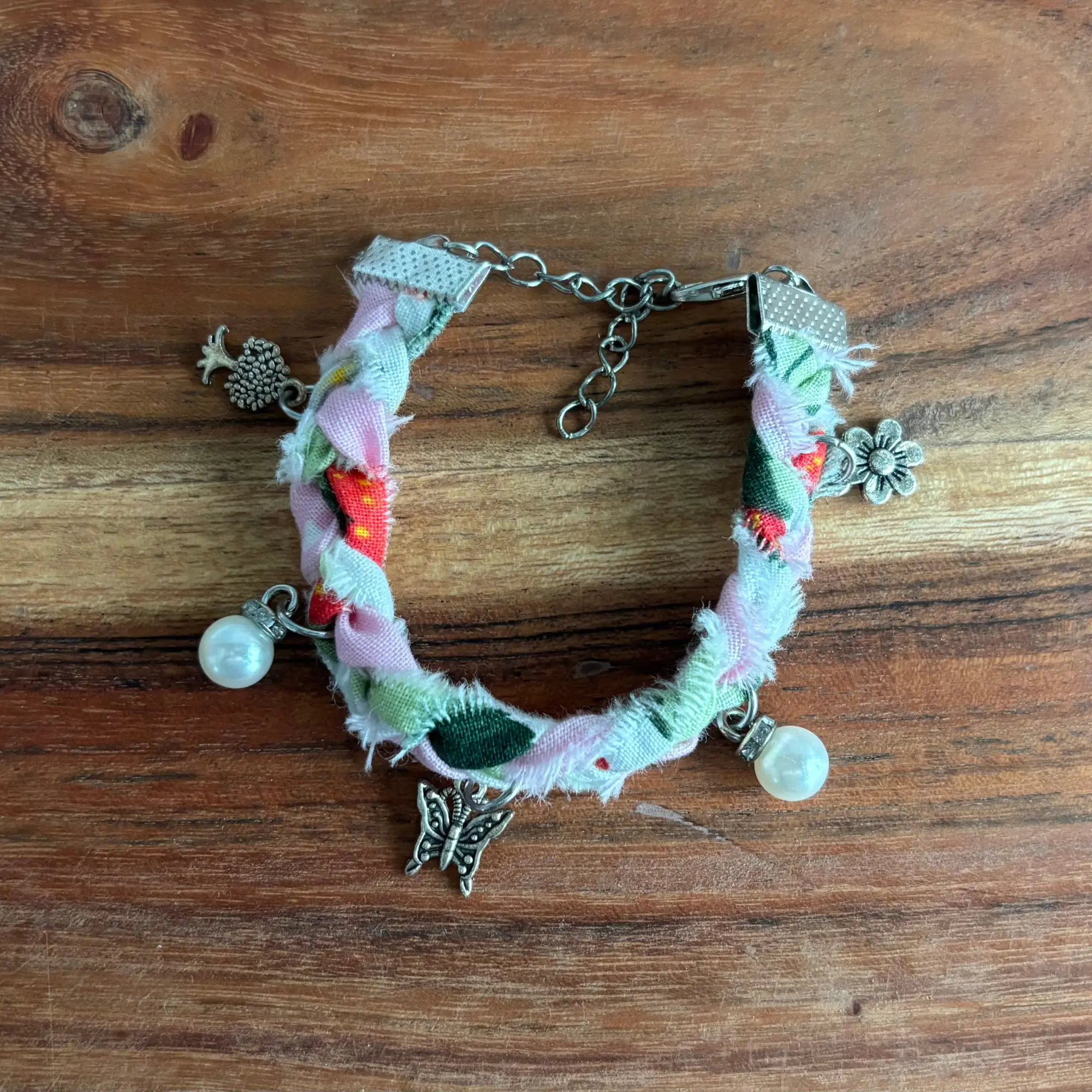Strawberry Picking Fabric Charm Bracelet