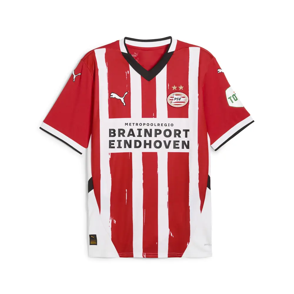 PUMA Mens Psv Home Striped V-Neck Short Sleeve Replica Jersey Casual - Red