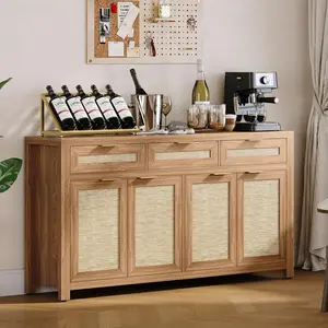 Farmhouse Rattan Sideboard Buffet Cabinet – 63in with 3 Drawers, 4 Doors, Adjustable Shelves – Coffee Bar Storage, Deep Oak Console for Dining Room, Kitchen, Entryway