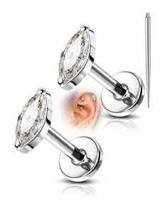 1 Pair Hypoallergenic Star CZ Flat Back Helix Earring, Internal Thread design, 16G 6mm, Forward Helix Tragus Cartilage Piercing Jewelry, Ear Piercings, Puncture Tool Included