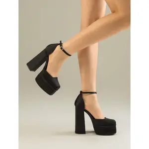 Women High Chunky Platform Closed Toe Block Heels Square Toe Ankle Strap Dress Wedding Party Prom Pumps Shoes Halloween Christmas FallGift