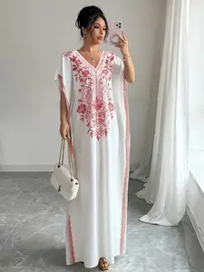 Women's Summer V-Neck Plant Print Dress, Boho Style Three Quarter Sleeves, Long Loose-Fit Beach Vacation Dress, Casual Daily Wear Womenswear