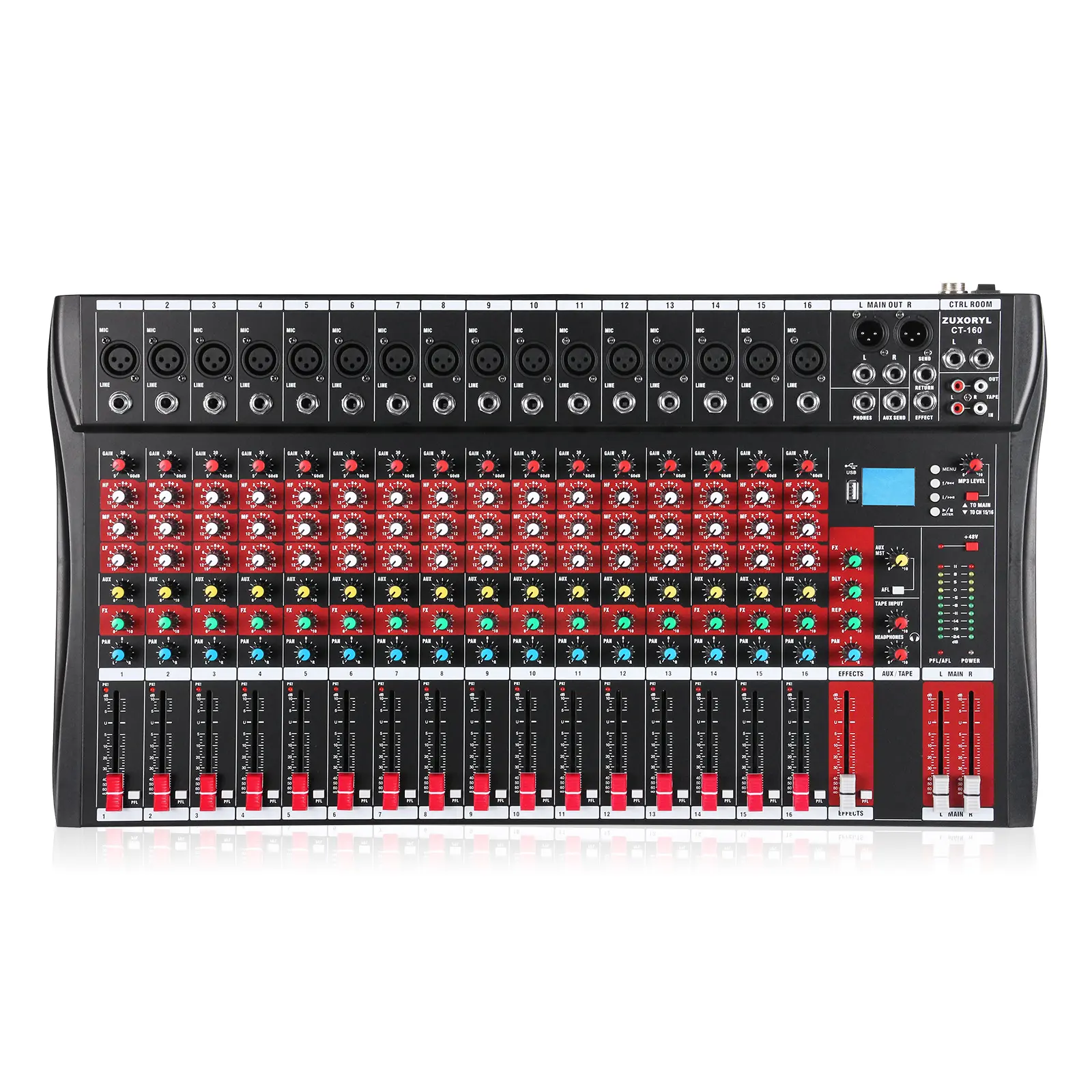 16-Channel Audio Mixer - DJ Mixing Board with 48V Phantom Power, Studio-Quality Reverb, Wireless Bluetooth, USB, for Studio Karaoke, Live Streaming, DJ's/Audio Enthusiasts, Card, Adjustable
