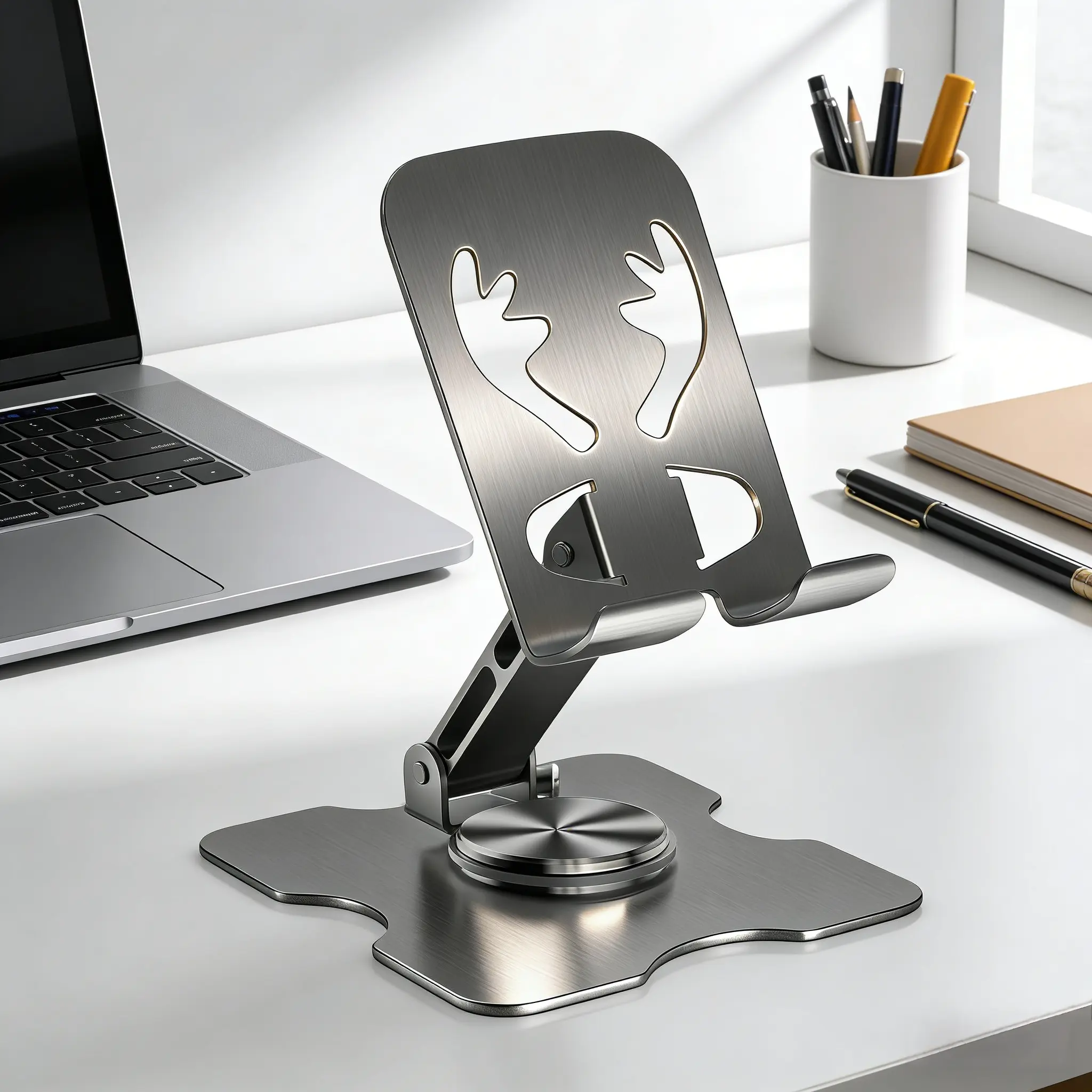 Universal Metal Cell Phone Stand, Multi-Angel Adjustable 360° Rotation Non-Slip Metal Phone Stand Compatible with iPhone 17 16 Pro Max and All Smartphones (Grey) Square base for greater stability Cellphone phone holder for car car phone mount