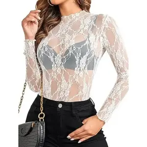 Women's lace long sleeved mesh top stand up transparent shirt with floral pattern, can be layered and paired with fashionable clothingRAIMENTRY