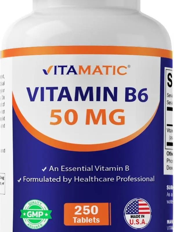 Vitamatic Dietary Vitamin B6 (Pyridoxine HCI) 50 mg - 250 Vegetarian, Lactose-Free Tablets, Supports Energy Production, Metabolism, Brain Health, Vegetarian Vitamins Supplements, Water-Soluble Vitamins Supplements