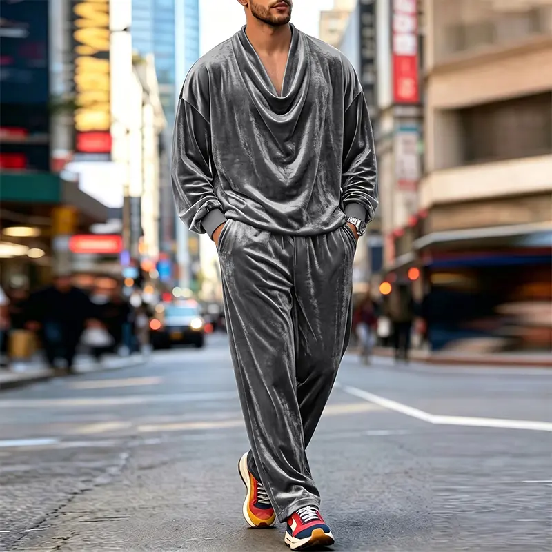 INCERUN Mens Cowl Neck Long Sleeve Tops Shirt Elastic Waist Long Pants Trousers Spring/Autumn Casual Holiday Loose 2PCS Sets Outfits