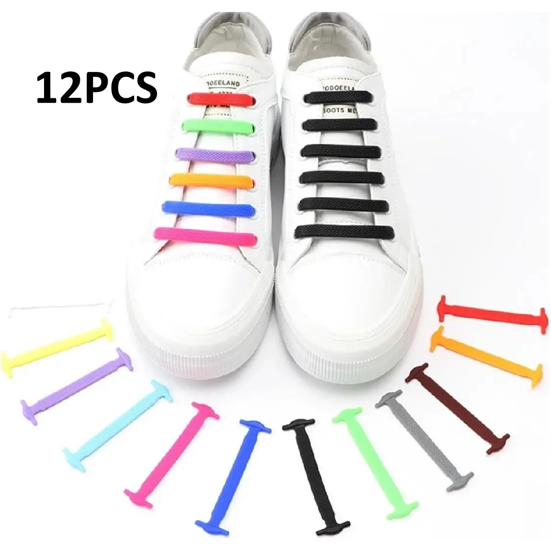 12PCS Slip-On No-Tie Silicone Shoelaces for Adults & Kids – Flat Elastic Waterproof Laces for Casual Sneakers & Sports Shoes, Easy to Install, Secure Fit, No Knots Needed, Perfect for Running, Hiking & Daily Wear, Great Convenient Shoe Accessory