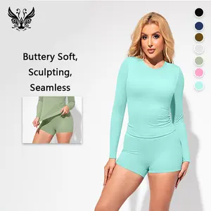 YIZHEN Buttery Soft Long Sleeve Crop Top & High Waisted Shorts Set – Seamless Sculpting Activewear for Gym & Street