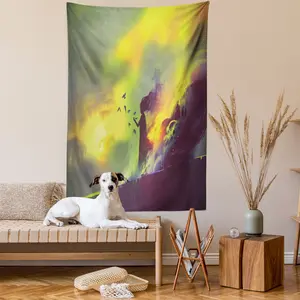 Fantasy Tapestry, Silhouette on the Roof of a House Night Different Worlds Modern Art Illustration, Wall Hanging for Bedroom Living Room Dorm Decor, 40" X 60", Yellow Green