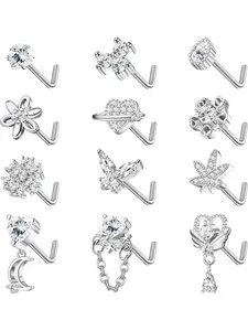 12 Pcs Chic Silvery Nose Ring Pack for Women Men Stainless Steel Copper Nose Jewelry Set for Long-lasting L-shaped Nose Stud Design Bright Sparkling CZ Romantic Heart Butterfly Flower Leaf Moon Dainty Dangle Shapes