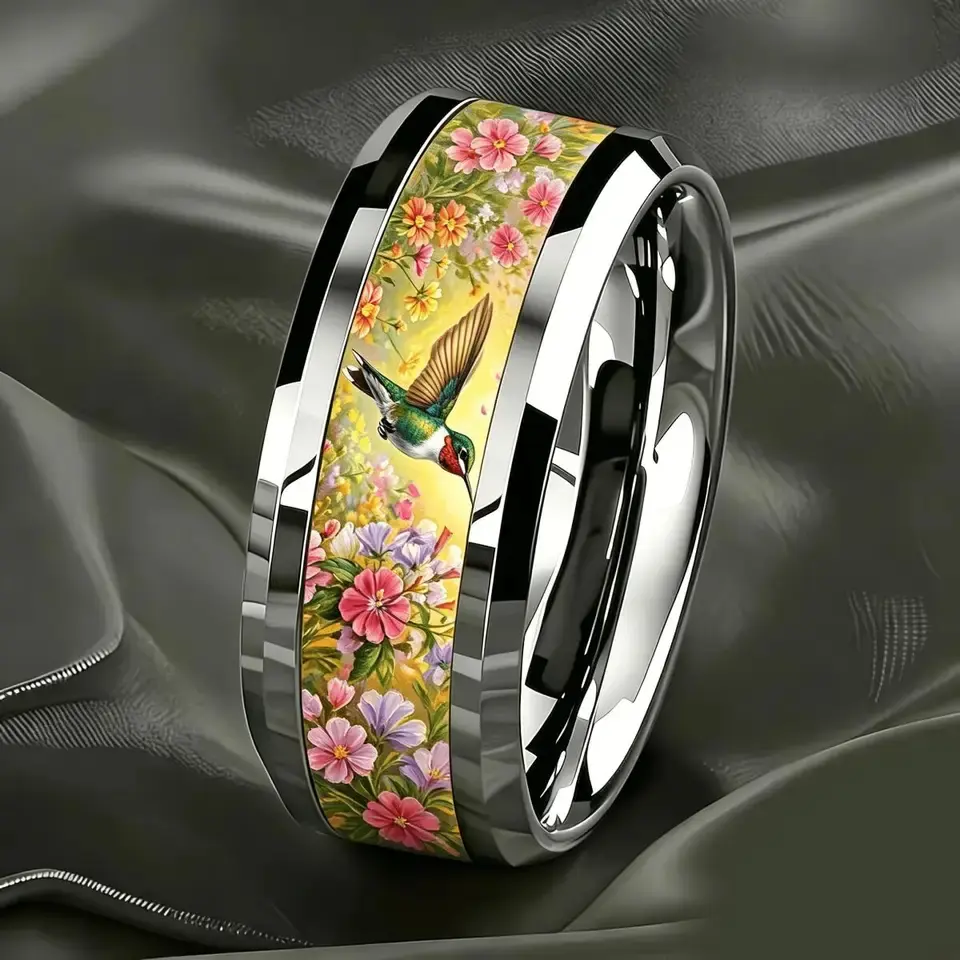 Boho Hummingbird & Vibrant Flower Inlay Ring Spring Nature Style Stainless Steel Rings For Women Men Wedding Band Jewelry Gifts