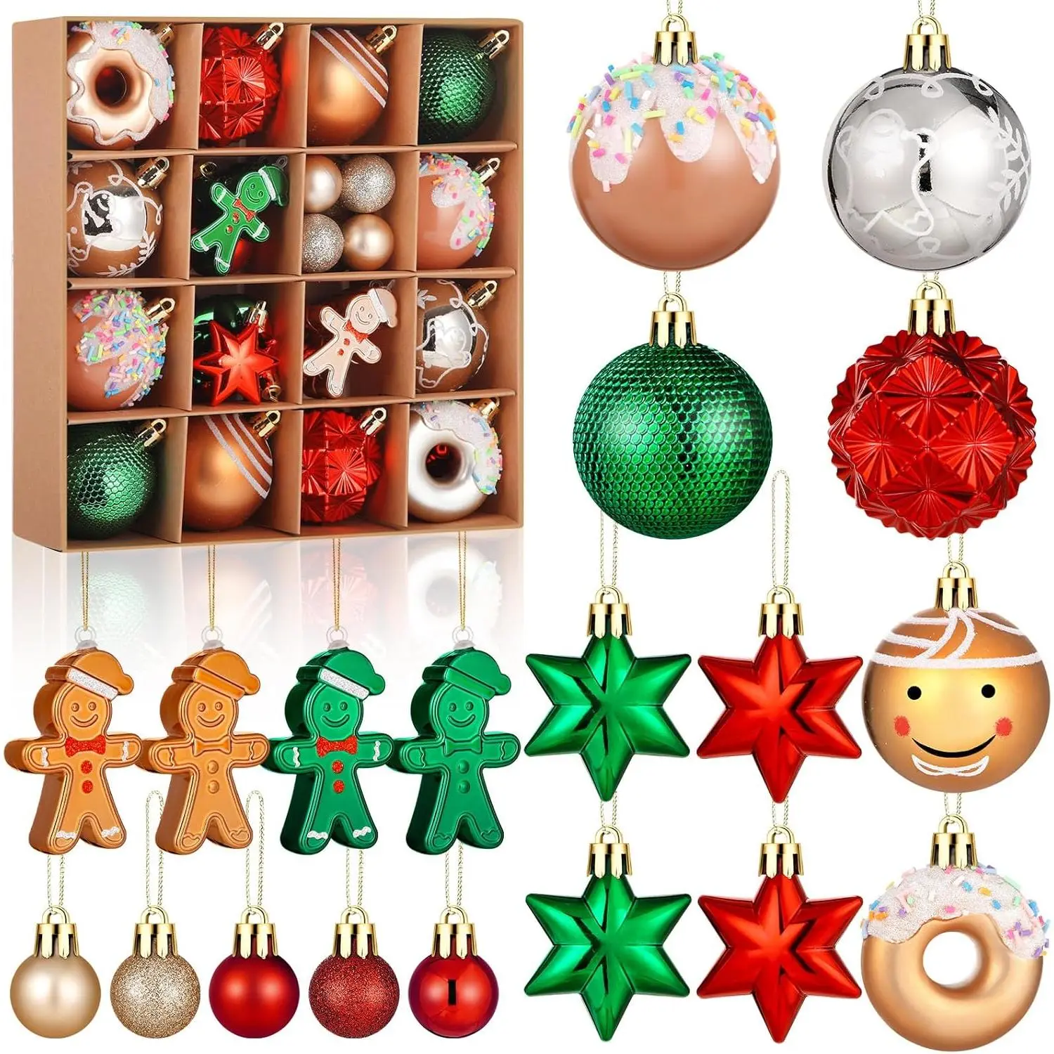 40 Pcs  Gingerbread Man Christmas Ornaments Shatterproof Red Green Gold for Tree Wreath Home Office Decor