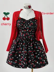 Sunspun Plus Size Sweetro-D 2-Piece Cherry Print V-Neck Pleated A-Line Dress with Ruffle Collar Long Sleeve Jacket – Cute Romantic School Style Outfit for Fall