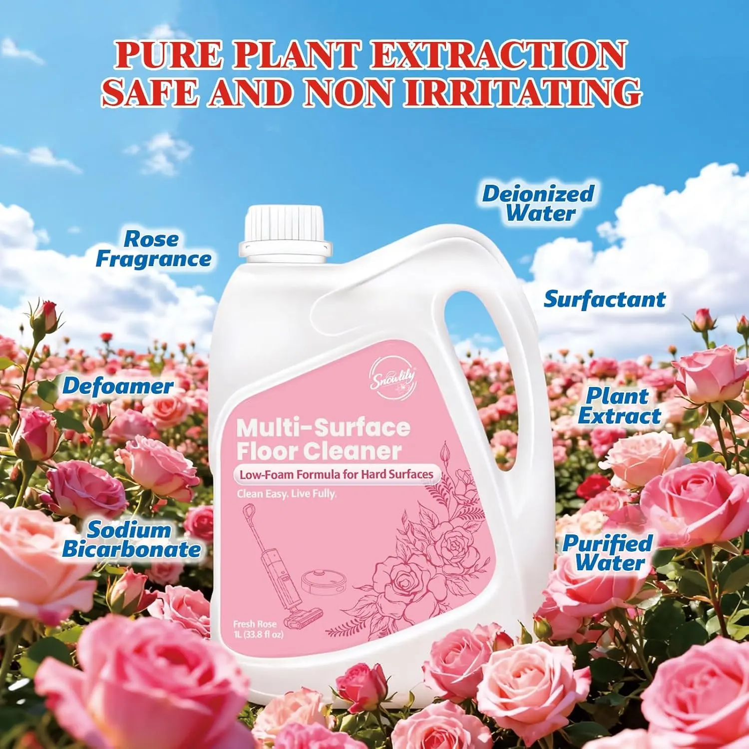 Snowlily Rose-Scented Liquid Multipurpose Floor Cleaner, 33.8oz, Low-Foam, Residue-Free, Gentle Natural Formula, Anti-Odour, Freshening, Compatible with All Robot Vacuum Mops & Wet/Dry Floor Cleaners, Home Care Essential