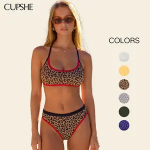CUPSHE Women's Coastal Ribbing Bandeau & High Rise Bottoms 2-Piece Bikini Set, Adjustable Straight Neckline, Contrast Straps, Waist-Flattering Polyester Beachwear for Summer 2026, Women's Clothes for Wardrobe Bathing Suits