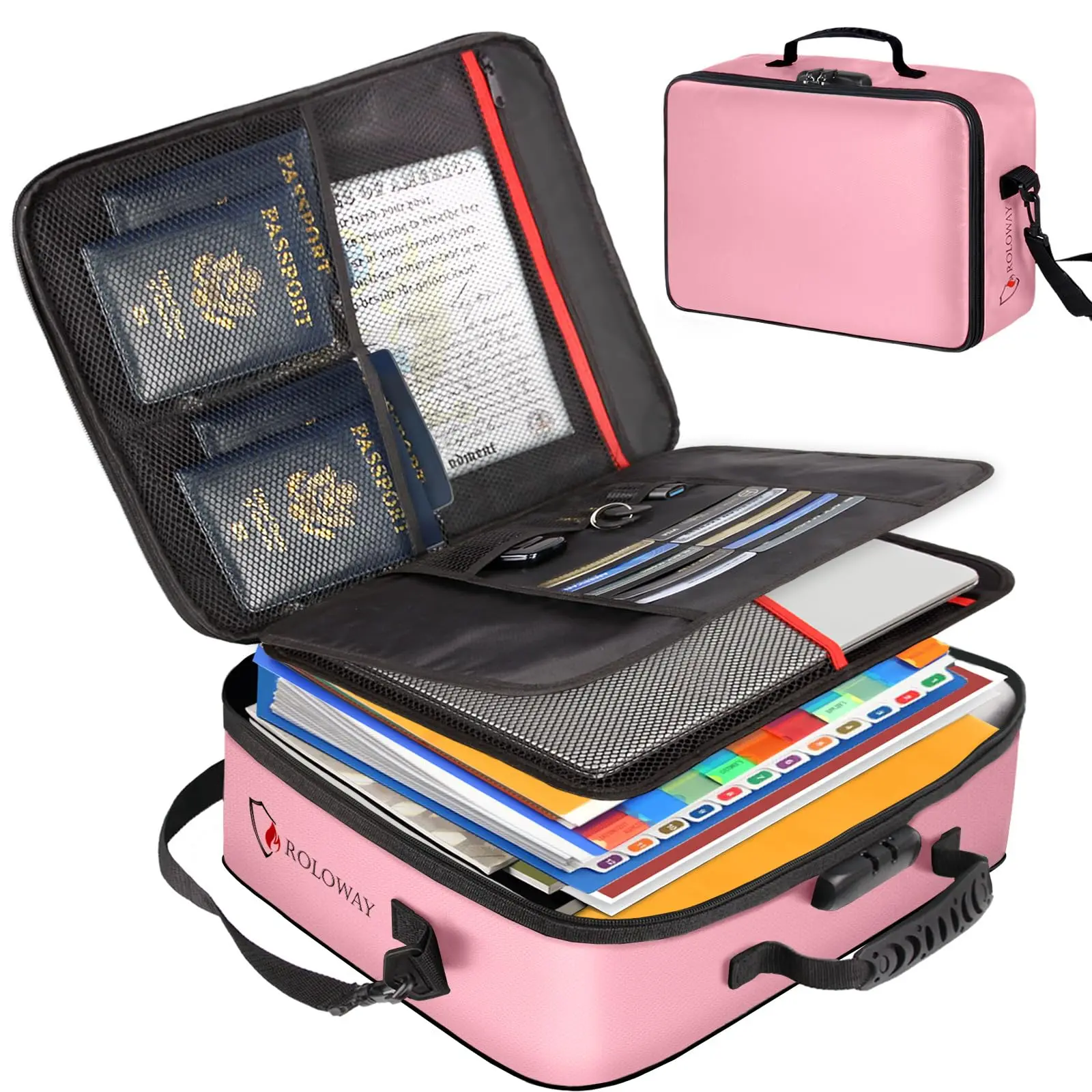 ROLOWAY Lockable Fireproof & Waterproof Document Bag - 17x11.8x5in Large Organizing Pouch, Portable Travel Accessory with Multiple Pockets, Foldable Home Organizer for Electronics, Files, Valuables