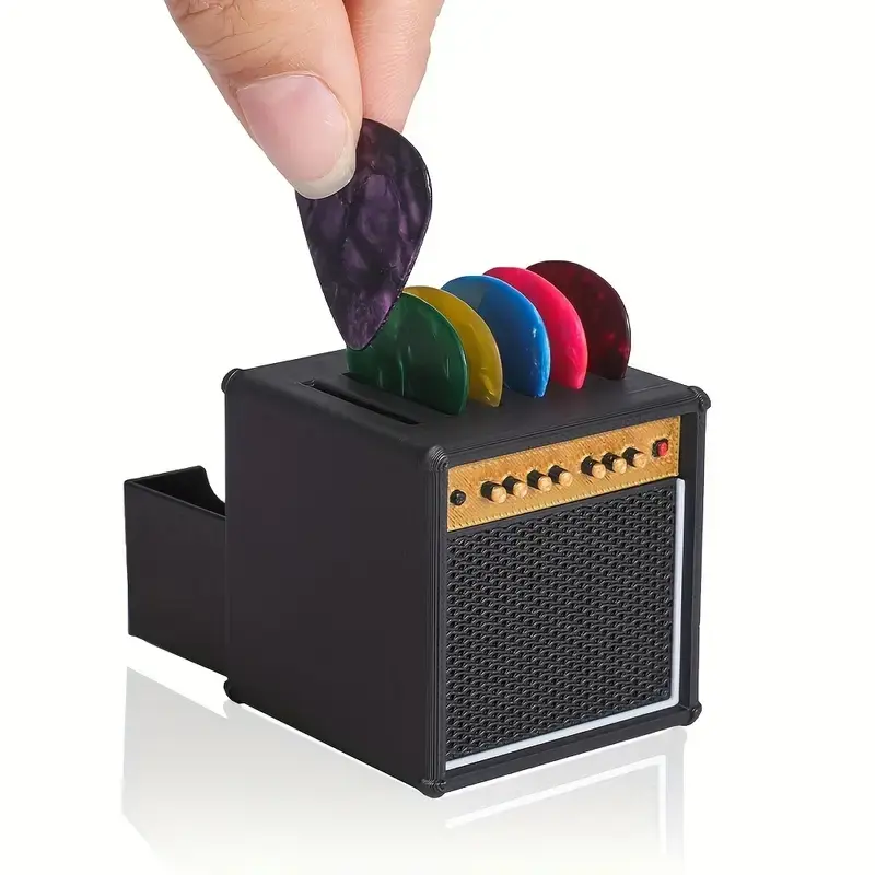 Large Guitar Pick Holder Stand with Drawer, Fits 18-25 Picks, Portable and Stylish, Includes 5 Random Color Picks, Ideal Gift for Guitarists, Accessories