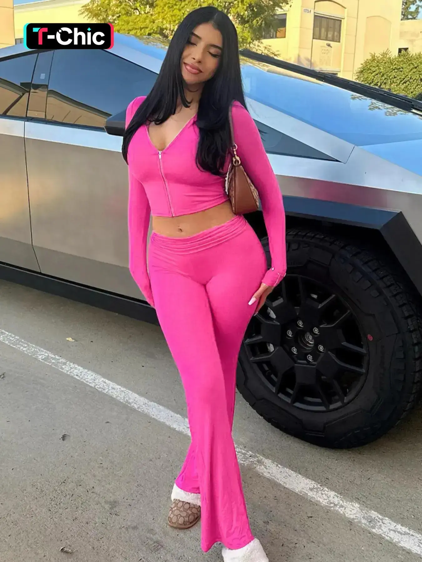 Women's Solid Knitting Zip Up Zipper Hooded Crop Tight Hoodie & High Waist Flare Leg Pants Set, Casual Long Sleeve Top & Bell Bottom Trousers, Ladies Spring & Fall Fashion Clothes Womenswear