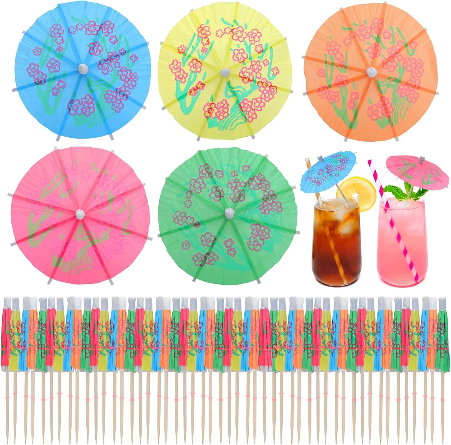 50 Pcs 4" Mini Paper Cocktail Umbrellas with Toothpicks, Disposable Drinkware Garnish Picks, Colorful Tropical Luau Party Decorations