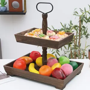 Wooden 2-Tier Tray Stand with Metal Handle, Rustic Style Display Rack for Cupcakes & Fruits, Home Decor Kitchen Organizer, Display Riser (Brown).