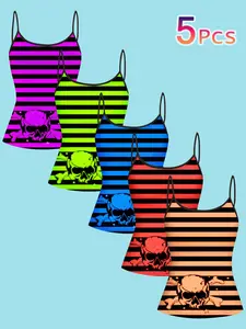 5 Pcs Skull Striped Print Strapless Tank Tops for Women, Summer New Fashion, Casual Sleeveless Inner Wear, Sleeveless Cami Tops, European and American Style
