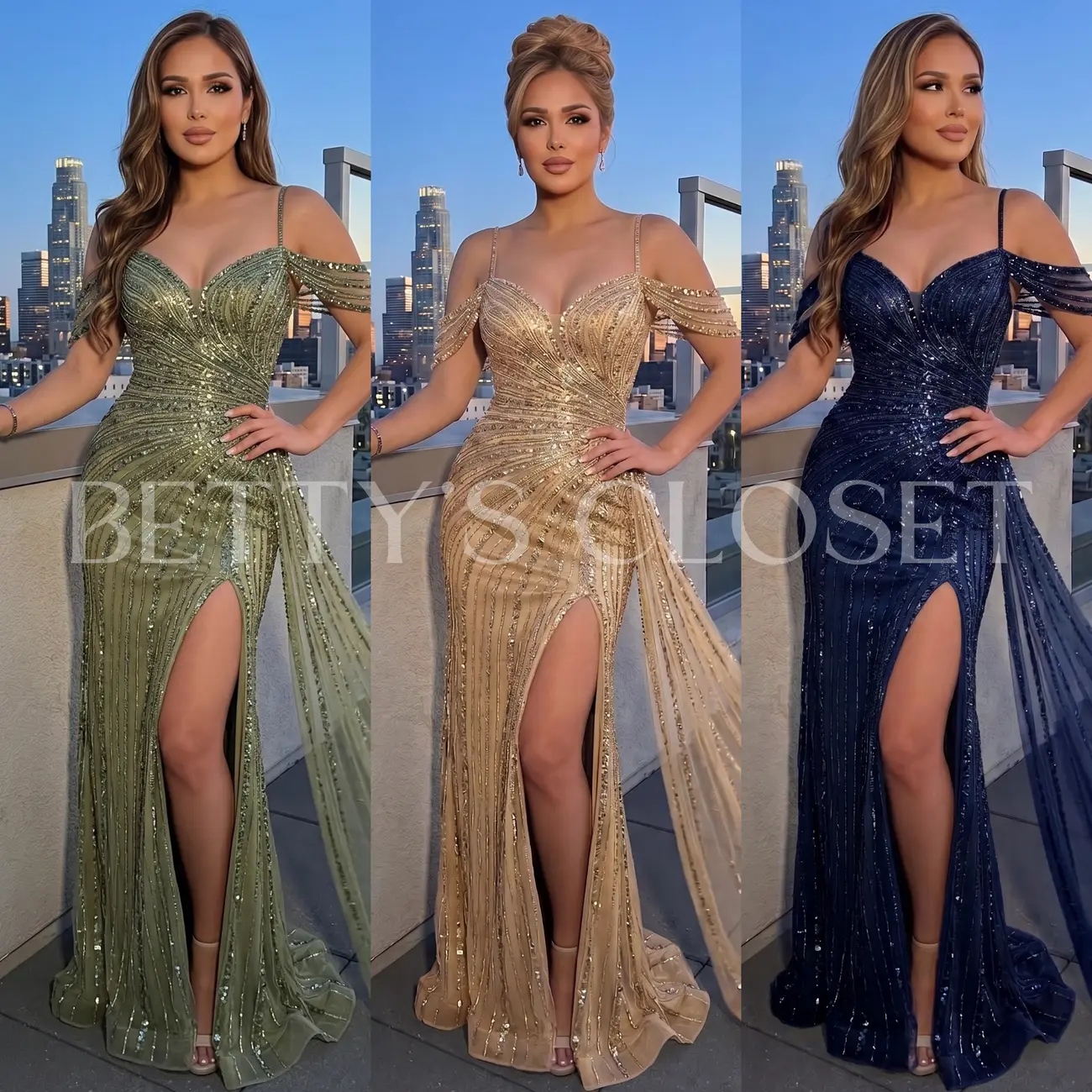 Yvonne Hand Beaded Cold Shoulder Gown w/ Detachable Train