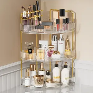 3-Tier Corner Bathroom Counter Organizer Makeup Cosmetic Storage, Tool-Free Installation Acrylic Vanity Shelf, Countertop Storage Organizers Perfume Tray for Bathroom, Dresser, Kitchen (Clear)
