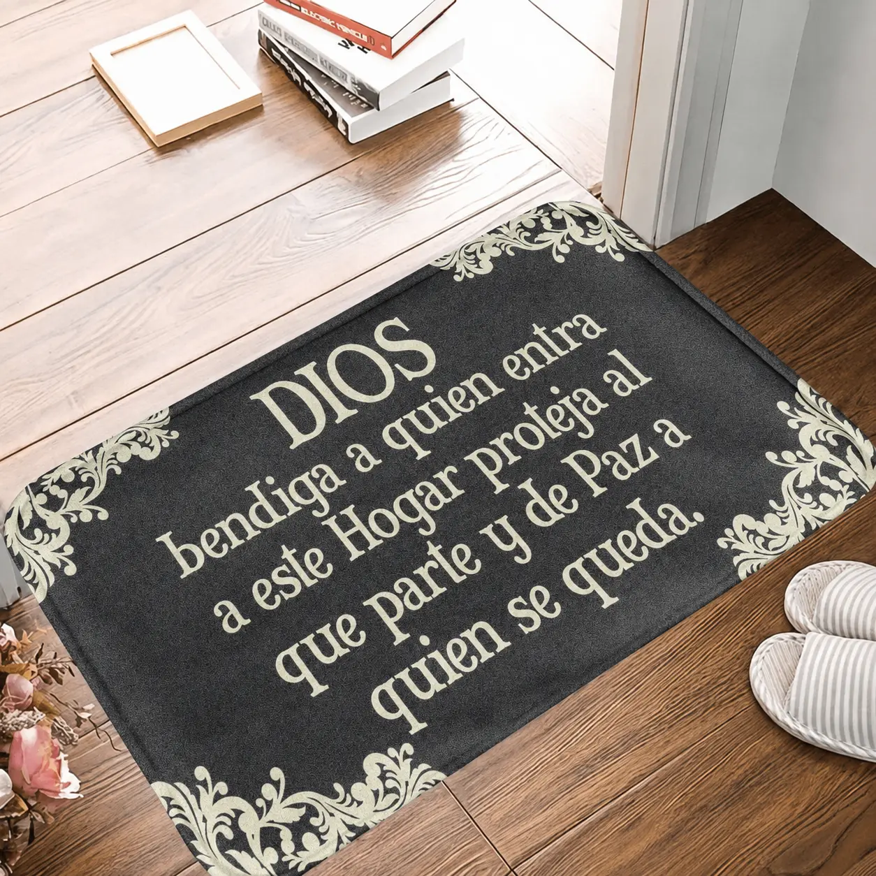 God Bless This Home Entrance Doormat Spanish Blessing Quote Print Design Non Slip Soft Surface Durable Washable Material Perfect for Front Door Living Room Thanksgiving Housewarming Gift Daily Home Decoration.