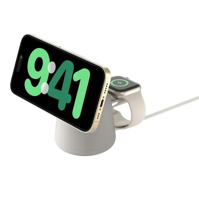 Belkin BoostCharge Pro 2-in-1 Wireless Charger Dock, StandBy Charging Stand, 15W MagSafe Fast Charging, Adjustable Viewing Angle, Non-slip Weighted Base, 30W Power Supply & Premium Braided USB-C Cable Incl, Recycled Materials, Charcoal & Sand Colors.