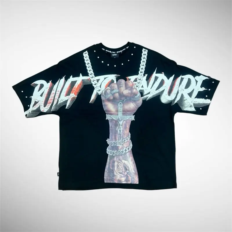 Men’s Black Oversized Graphic T-Shirt with Rhinestone Details