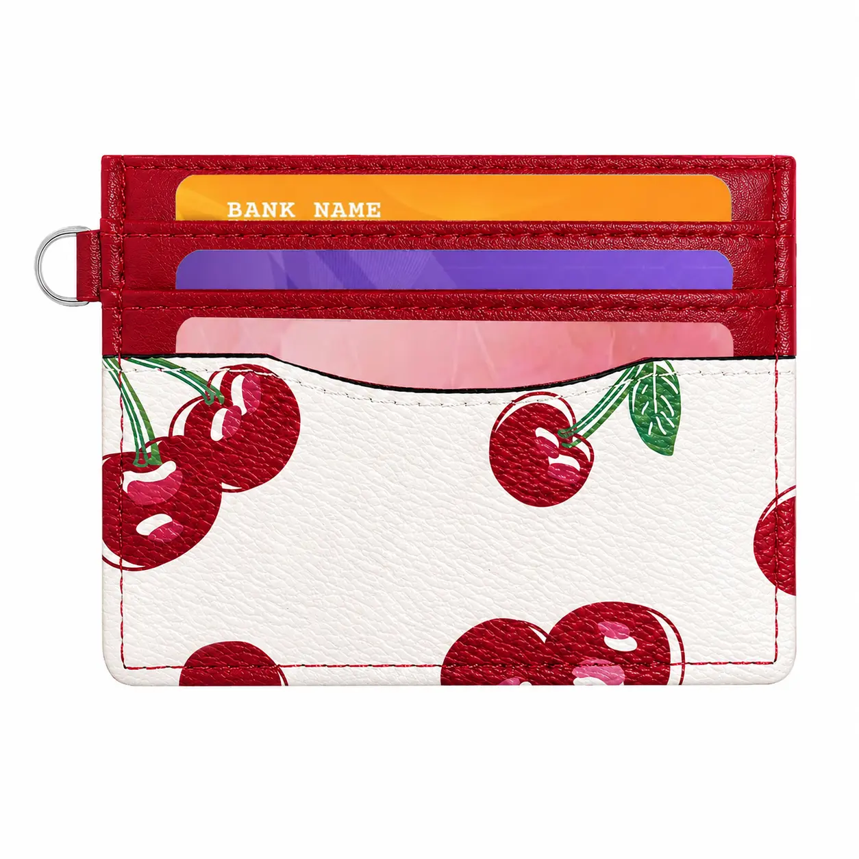 Slim Card Case Organizer for Women, Cute Cherry Print Vegan Leather Wallet with an ID Window, Card Slots, and Keyring, Card Id Slots, Fashionable Card Holder