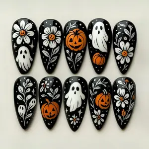 Spooky Halloween Pumpkin Ghost Press On Nails, 3D Nail Art for Halloween Party, Floral Holiday Almond Nails, Flower Ghost Nails